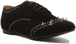 Mujer Cordones Metal Tachuelas Zapato Plano en Negro Ante Talla UK 3-8 - Imagen 1 de 13