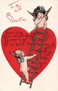 AK Valentinstag Amor Kletterleiter innen Herz L&E Serie 2219 - Bild 1 von 2