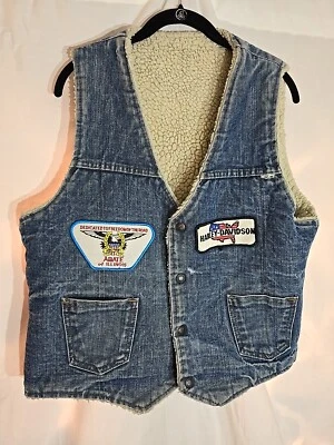 Vintage Motorcycle Patch Sherpa Lined Denim Vest size Small - Image 1 of 4