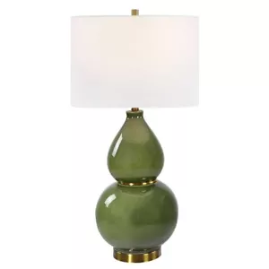 Elegant Gloss Moss Green Ceramic Gourd Shape Table Lamp 31 in Brass Gold Classic - Picture 1 of 7