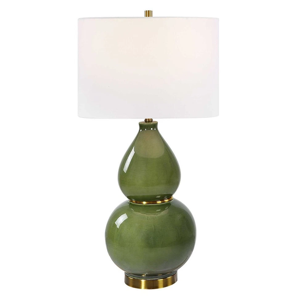 Elegant Gloss Moss Green Ceramic Gourd Shape Table Lamp 31 in Brass Gold Classic - Image 1 of 4