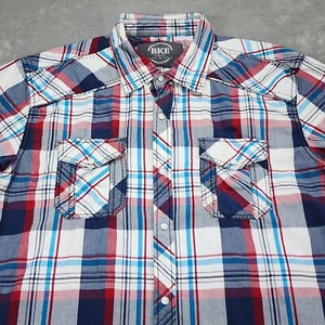 BKE Shirt Mens Extra Large Blue Plaid Short Sleeve Button Up Slim Fit - Picture 1 of 9