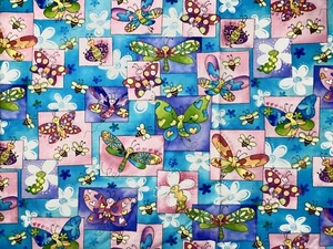Kids Whimsical Butterflies Bumblebees Floral 13”X42” Cotton Quilt Mask Fabric - Picture 1 of 2