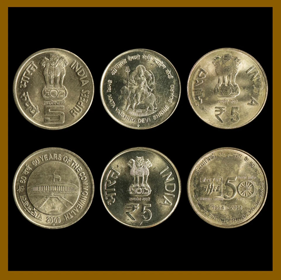 India 5 Rupees (3 Pcs Coin Set), 2009/2012/2014 Asoka Lion Vaishno (Unc) - Image 1 of 1