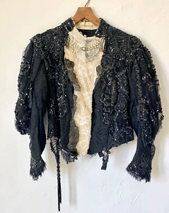 Victorian 1890s Black Beaded Chantilly Lace Jeweld Bodice 32" Waist Antique M /L - Picture 1 of 21
