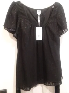 Halston Heritage Blouse Top Size 2 Medium Black Silk/ Metallic Lined Boho N.W.T - Picture 1 of 3