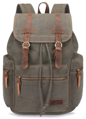 Vintage Backpack Leather Trim Casual Bookbag Men Women Laptop Travel Rucksack Foto 1 de 4
