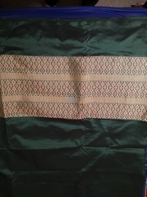 BEAUTIFUL DARK GREEN SILK FABRIC with RICHLY WOVEN BAND  ? THAI - Image 1 of 4
