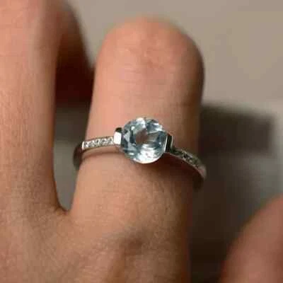 1.40 Ct Natural Aquamarine & Moissanite Anniversary Ring 14K solid White Gold - Image 1 of 4