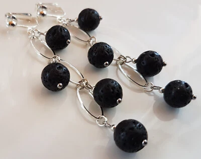 OHRCLIPS CLIPS VERSILBERT SCHWARZE LAVA PERLEN LANG - Bild 1 von 2