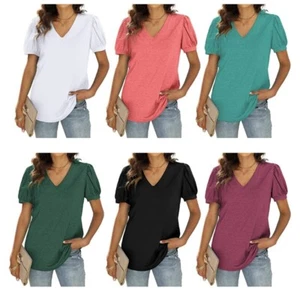 Women Puff Short Sleeve T-Shirt V-Neck Basic Casual Loose Fit Tunic Top Blouses - Picture 1 of 38