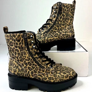 GUESS Fearne 2 Fashion Combat Ankle Booties Gold Leopard US 7 M Lace Up Lug Sole - Bild 1 von 10