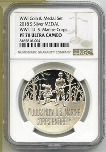 2018-S World War 1 Marine Corps Proof Silver Medal NGC PF70 Ultra Cameo - J343 - Picture 1 of 2