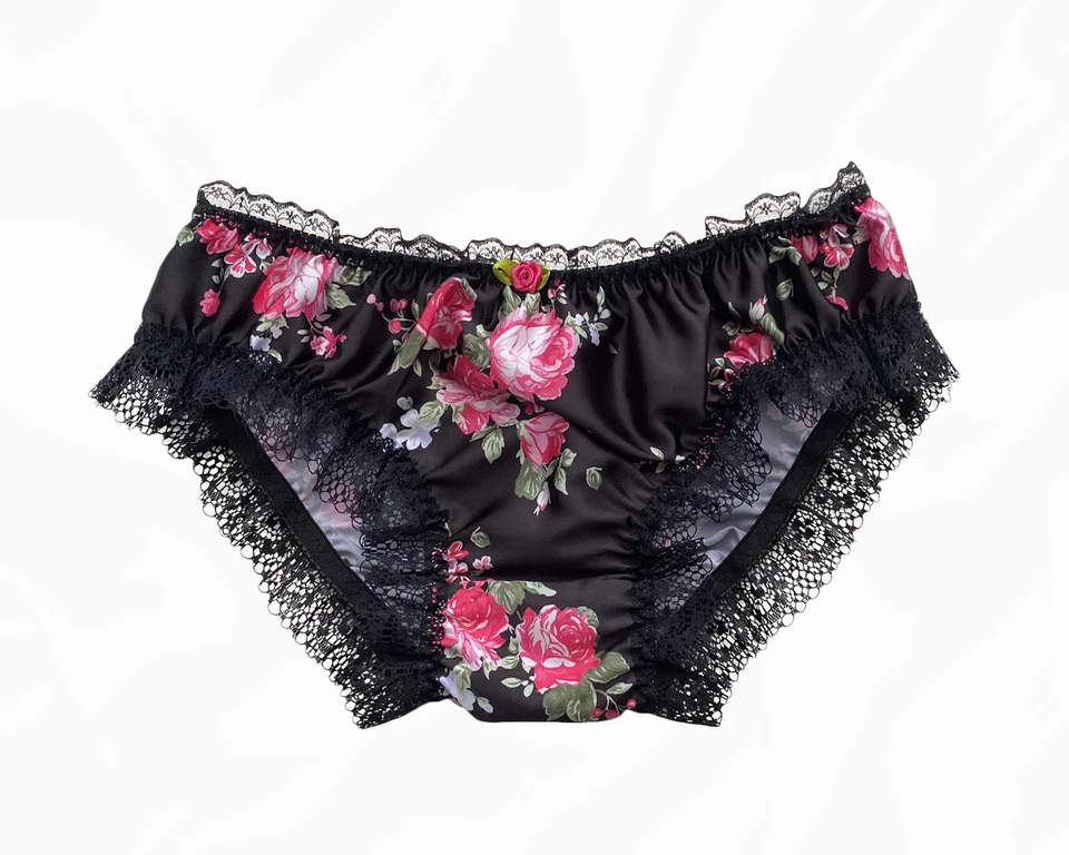 Bragas Bikini Knickers Sissy Negro Rosa Satén Floral Volantes Encaje Talla 10 - 20 Foto 1 de 1