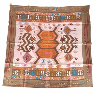 HERMES Scarf Carre 90cm KILIM 100% Silk Brown Light pink Multi w/Box R3680 - Picture 1 of 8