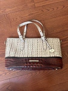 Brahmin Pecan Brown Ivory Crocodile Embossed Leather Mini Asher Top Handle Tote - Picture 1 of 13