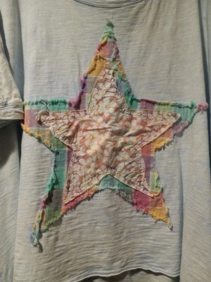 NUEVO CON ETIQUETAS TERCIOPELO AZUL Envejecido Lt Azul Algodón Tejido BOHO BOXY STAR PaTcHwOrK TOP - XL Foto 1 de 4