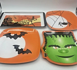 Halloween Melamine Plates Set of 4 Frankenstein Pumpkin Spider Skeleton Tray 8" - Picture 1 of 10