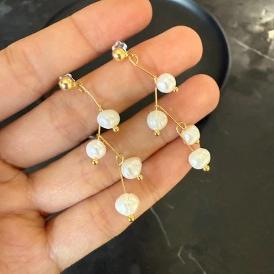 Natural Freshwater Pearl Earrings Dangle 14K Gold Plated Beaded Engage Jewelry - image 1 of 4