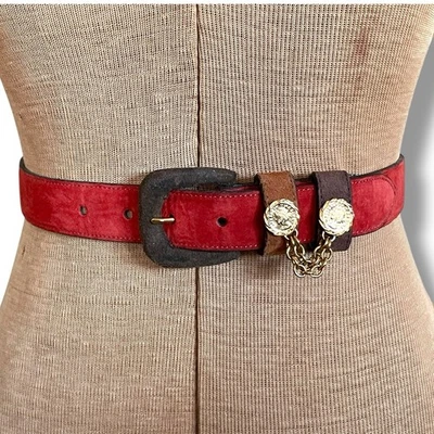 Cinturón Talbots Mujer Vintage Años 80 Talla Pequeña Rojo Marrón Cuero Cadena Moneda Oro Foto 1 de 4
