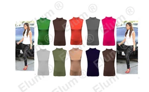 Ladies Polo Neck Womens Sleeveless Stretch Turtle Neck Jersey Basics Top 8-26 - Picture 1 of 18