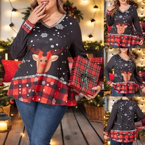 Plus Size Women Christmas V Neck T-Shirt Tops Sequin Long Sleeve Party Blouse - Picture 1 of 20