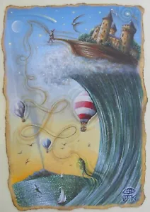 Joseph KALIHER (Texas 1970) Surrealist THE MIRACLE CATCH OIL on paper cm 29x19 - Foto 1 di 10