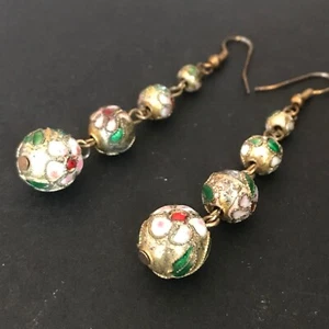 *Vintage Floral Cloisonné Long Drop Earrings Metal Hooks - Bild 1 von 4
