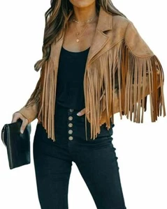 Women's Chic Cropped Tassel Fringe Faux Suede Moto Jacket - Chartou Camel XS~XL - Picture 1 of 7
