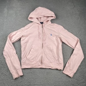 Vintage Ralph Lauren Crop Hoodie Womens Large Pink Full Zip Lightweight Cotton - Picture 1 of 11