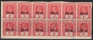 GILBERT & ELLICE IS. SG26 1918 1d RED FINE USED BLOCK OF 12 ON PIECE - Picture 1 of 1