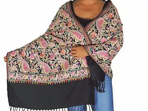 Black Paisley Kashmir Embroidered Stole Wool Shawl Wrap Scarf 80" Free Ship - Picture 1 of 6