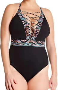 LA BLANCA Mujer Negro Azteca Cuello Alto Cordones one piece Bañador #21W 18 Nwt - Imagen 1 de 2