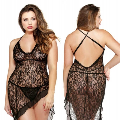 Plus Size Lingerie Dress One Size 1X/2X or 3X/4X Black Asymmetrical  F-P428X - Image 1 of 3