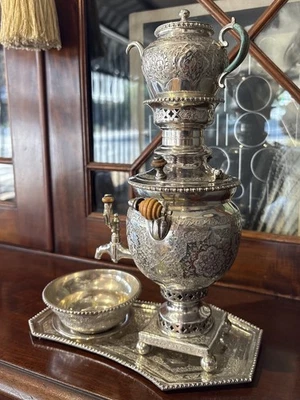 Antique 20th C. Persian Silver Hand-Chased Miniature Samovar With Tea Pot & Tray - Image 1 of 4