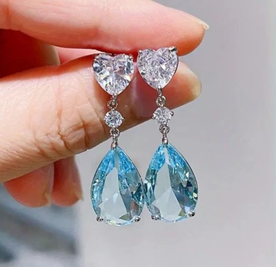 Orecchini pendenti goccia vera acquamarina e zaffiro GARANZIA argento 925 NUOVI - Immagine 1 di 2