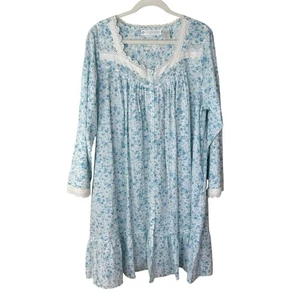 Eileen West Nightgown Size Large In Blue & White Floral 100% Cotton Long Sleeve - Picture 1 of 7