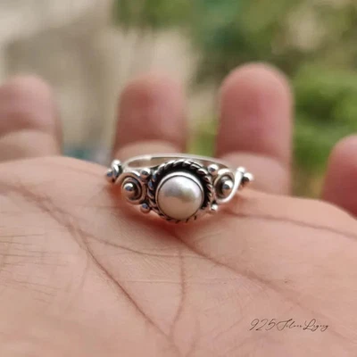 Handmade Pearl Ring: Sterling Silver Gemstone Jewelry Ring Woman Ring All Size - Image 1 of 4