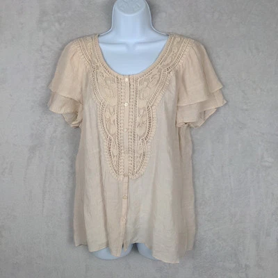 NWT Spense Blouse Women Large Sand Flutter Sleeve Semi Sheer Romantic Soft Girl - Image 1 of 4