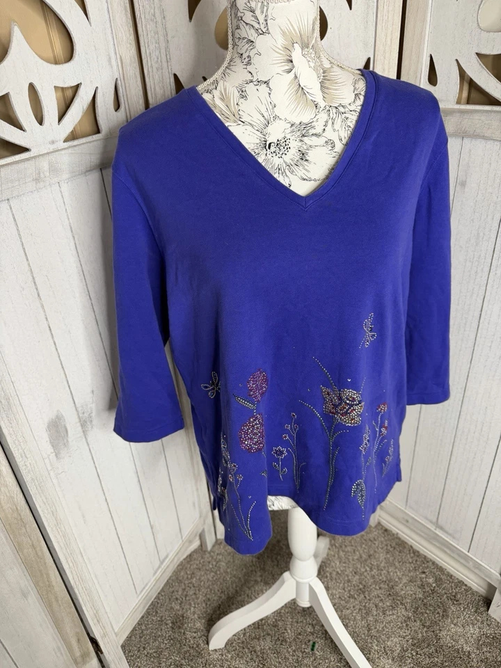 Camisa Top Christine Alexander Púrpura y Estrás Flores Algodón Talla XL Foto 1 de 4