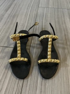 Studded Black Flat Sandals – Gold Pyramid Stud Gladiator Style, Strappy Summer - Picture 1 of 5
