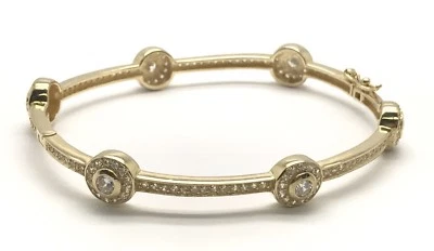 Silver 925 Gold Tone CZ Pave Round Circle Elegant Geometric Halo Bangle Bracelet - Image 1 of 2