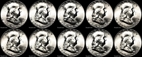 (10) 1954-S Franklin Half Dollar BU Uncirculated US Silver Coin Lot 1/2 Roll #1 Cover
