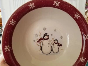 4 Royal Seasons Stoneware Red Rim w/ Snowflakes & Snowman 10" Serving Bowls - Picture 1 of 3