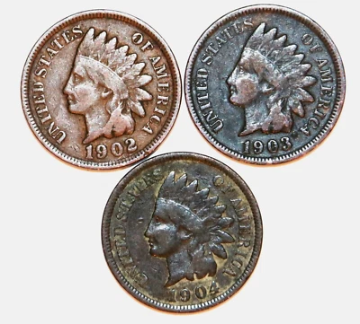 (3) Indian head Cents - 1902 1903 1904 - Very Good - #C9530 - FREE SHIPPING - Image 1 of 2