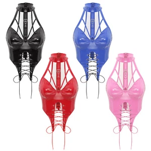 Women Shirts Irregular Hem Tops Nightclub Vest Patent Leather Clubwear Wetlook - Picture 1 of 45