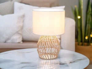 Table lamp in boho style bedside lamp rattan natural fabric shade white ø25 cm - Picture 1 of 11