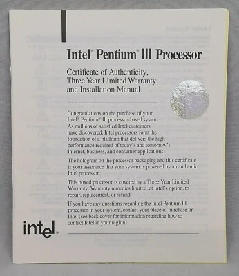 Intel Pentium III Processor Manual - CoA, Warranty & Installation - Image 1 of 2
