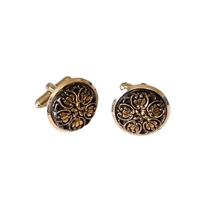 Vtg Damascene Style Cufflinks - Round Floral Black Acrylic w/ Gold Tone Metal - Picture 1 of 5