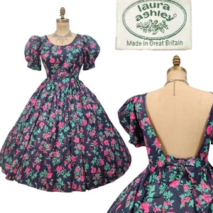 Vtg 80s Laura Ashley Dress Plus Sz XXL Prom Floral Puff Sleeve Cotton Low Back - Picture 1 of 20